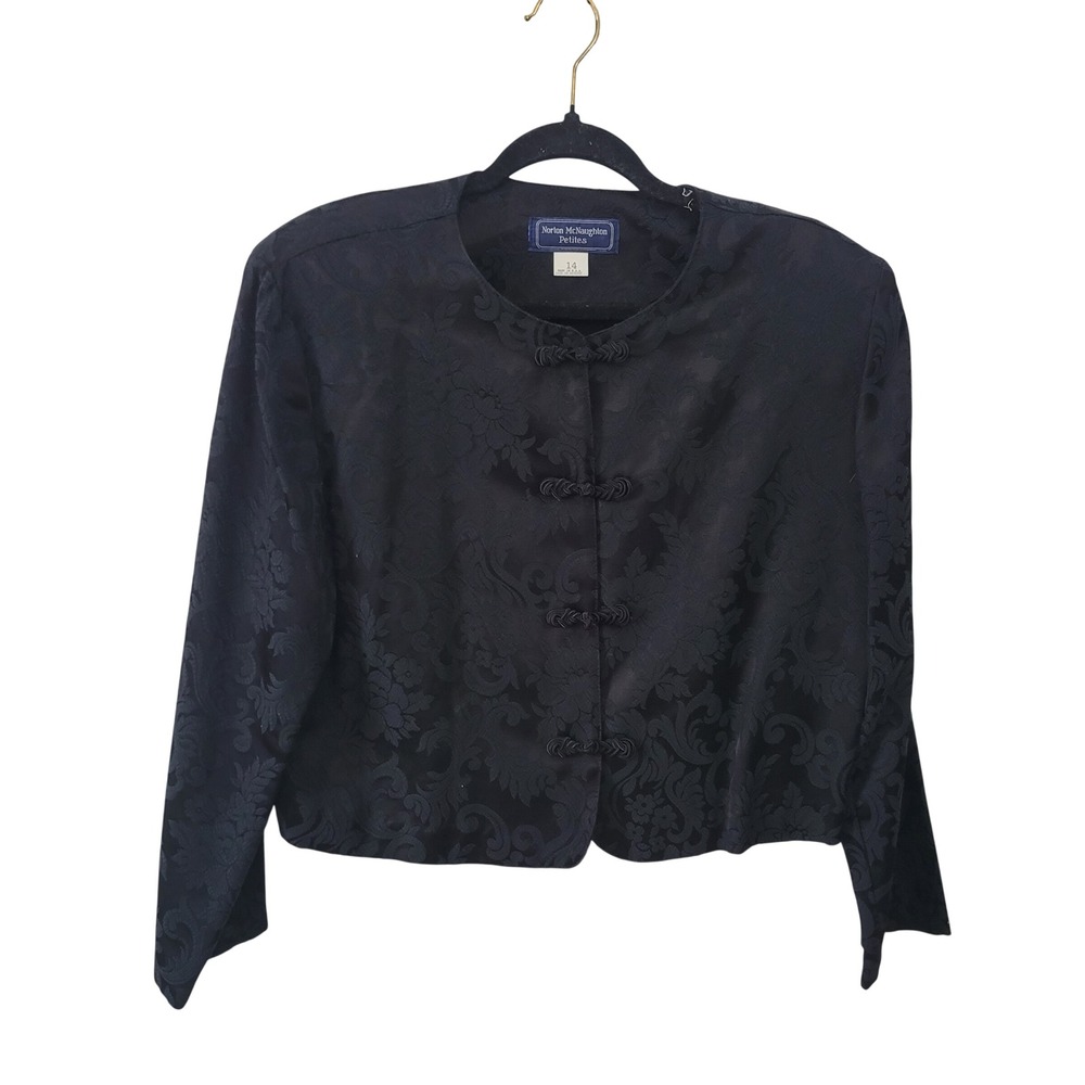 Norton McNaughton Petites 14 Jacket Black Damask Jacquard Frog Toggle Cropped